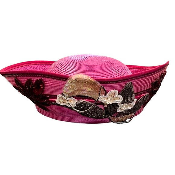 Deborah New York Pink Wide Brim Hat With Sequin Floral Applique - Picture 1 of 14